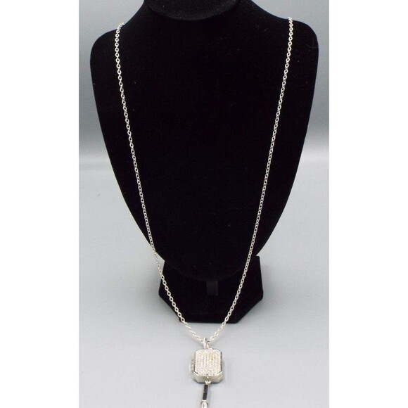 Chico's Silvertone Miracles Locket Crystal Jeweled Long 32" Rolo Chain Necklace - Picture 5 of 13